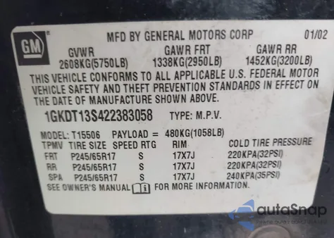 2002 GMC Envoy Sle from USA, damaged, VIN 1GKDT13S422383058